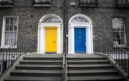 dublin, ireland city, urban, buildings, brick, condos, apartments, residence, doors, doorway, entrance, architecture, colors, colorful, bright, gray door