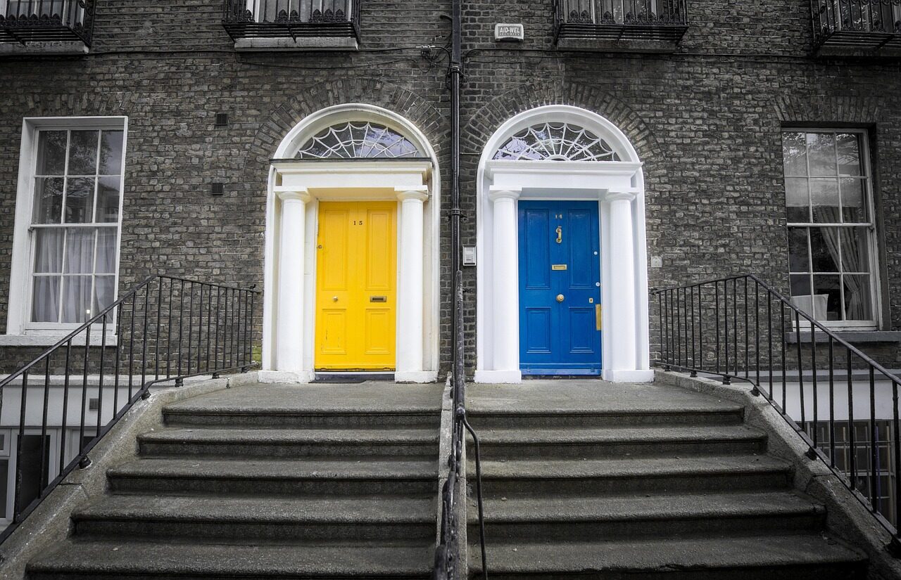 dublin, ireland city, urban, buildings, brick, condos, apartments, residence, doors, doorway, entrance, architecture, colors, colorful, bright, gray door